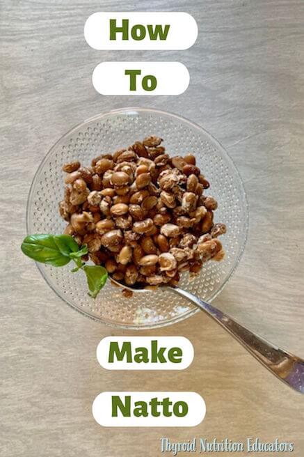 Brown natto beans in a clear bowl with a silver spoon and green leaf garnish and words saying "How to Make Natto"|How to Make Natto| Thyroid Nutrition Educators